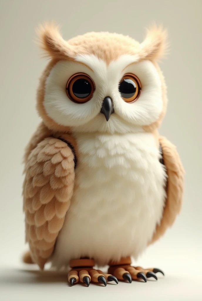  A very realistic photo of a owl robot, color soft brown and white, creating a peaceful , human cute style, No Background