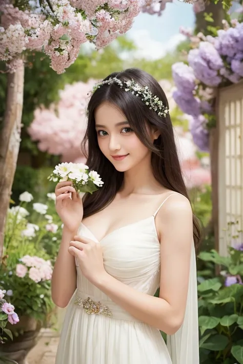 (Masterpiece) (ultra high resolution), (realistic photo) Japanese beautiful idol girl with flowing black hair and mesmerizing blue eyes, wearing an elegant white dress, big breats, standing in the midst of a vibrant garden filled with blooming flowers and ...