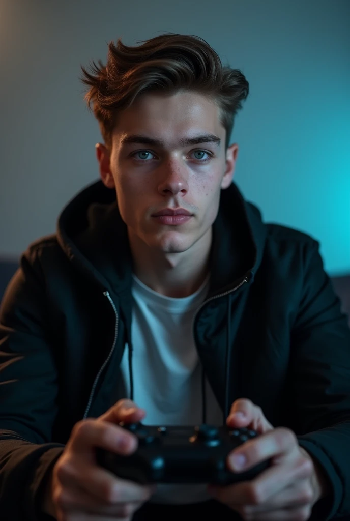 photo of a young man,male,Age 22,blue-eyed sitting in front of the video game,and wearing a black jacket 