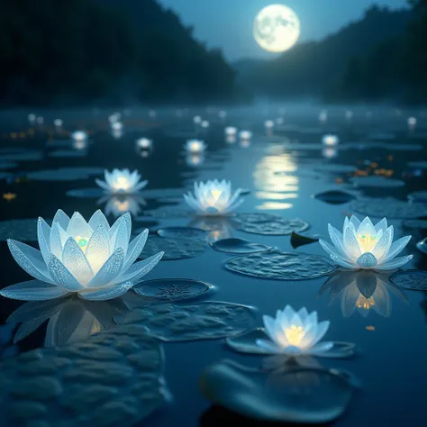 (Lotus blossoms Blooming), traditional chinese style, a huge flower emitting a soft light, petals are transparent with delicate textures, as if carved from ice crystals. Various bioluminescence glowing in the water, several transparent fish shuttle between...