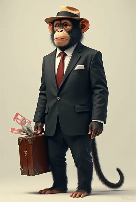 a monkey wearing a suit and tie, his head is wearing a songkok , he is carrying a suitcase containing a lot of Indonesian money