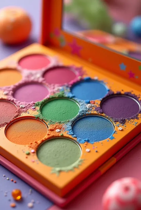 TRADITIONAL COLORFUL EYESHADOW PALETTE WITH RED PURPLE GREEN BLUE AND ORANGE COLORS, WITH ASPECTS OF CANDY PACKAGING
