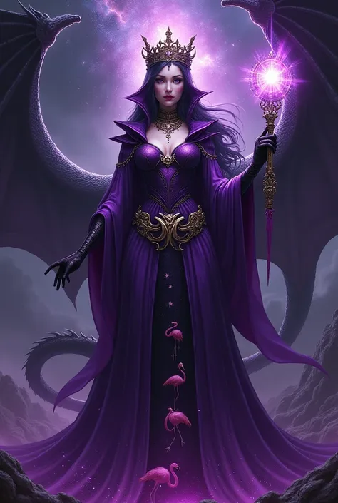 a purple queen with a star in her hand, a scepter, batman symbols on her crown, a dress with a flamingo pattern, a dark theme, a dragon lying on the back, a noble woman and a small M letter detail