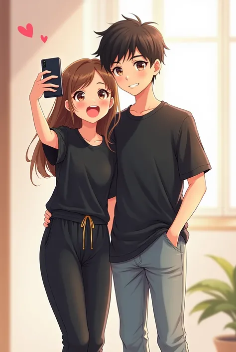 A boy is standing near to girl and they took selfie in anime frame boy is little bit taller than girl and they are giggling both of them wear black shirt tshirt jeans and joggers and boy has taken his hand on girls shoulder 