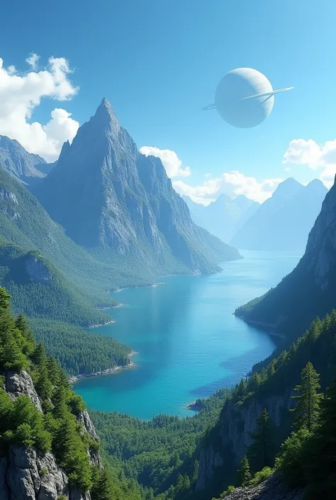 Realistic picture : A photograph taken on a mountain, Below are forests and seas.,The sky is blue and Saturn can be seen.