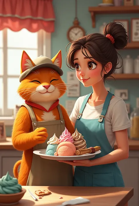 make a realistic drawing of an orange cat Leo wearing a hat and apron typical of an ice cream seller and Bella working together in an ice cream shop, with Bella carrying the ice cream ingredients.