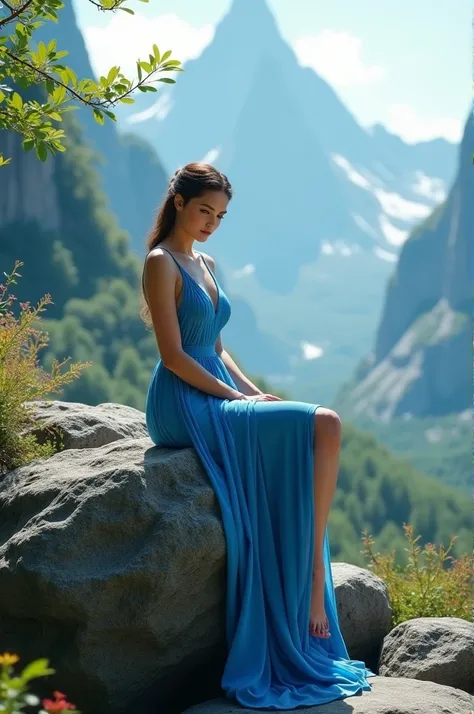 A beautiful lady in blue high slit dress sitting at high at mountain in natural place on a big rock stone