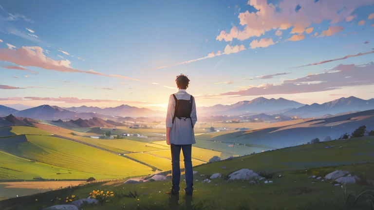 A young man standing in an open field, with an anxious expression on his face, looking at the horizon. The rising sun is softly illuminating the distant hills, creating an atmosphere of hope and expectation. The setting is 1st century Israel, with a natura...