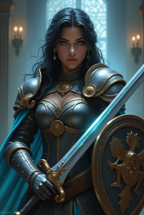 A youthful looking woman, but lived, a smart look, that exudes wisdom and a sense of justice; uses armor similar to a Valkyrie, but with gold details.

He uses a short sword with a light blue dagger and a shield with the symbol of justice.. 
Her hair is bl...