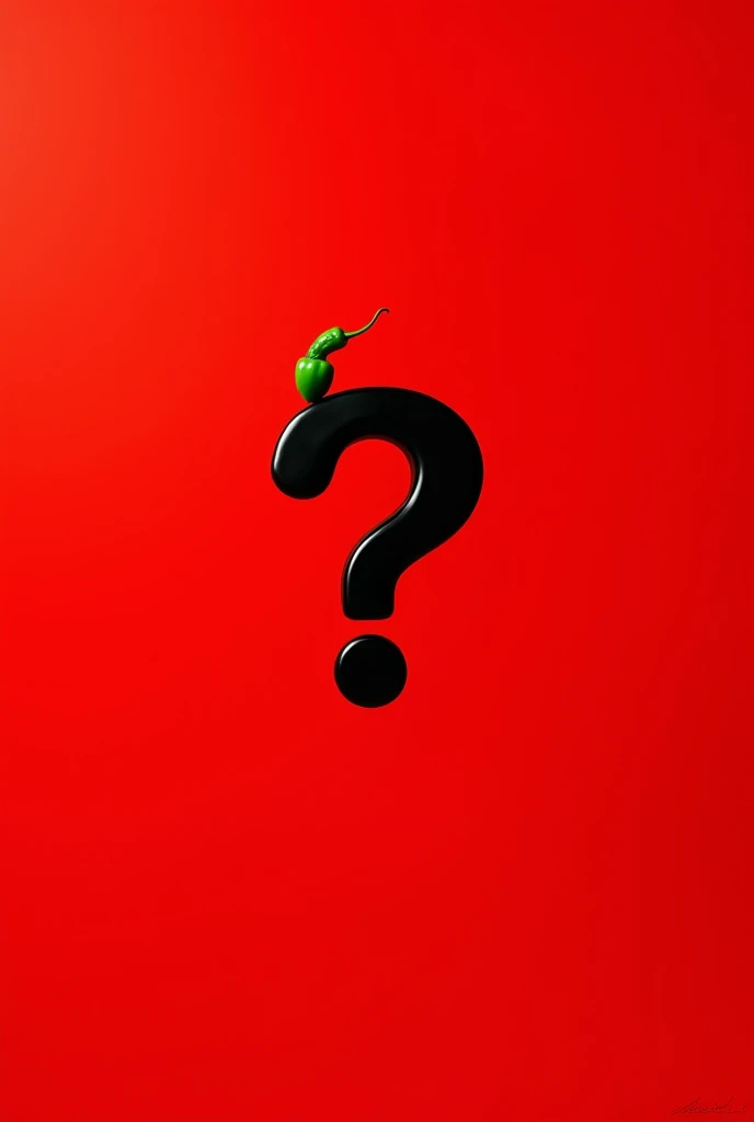 image in horizontal position, red background with black question mark in the center, a finger pepper, In the upper left corner