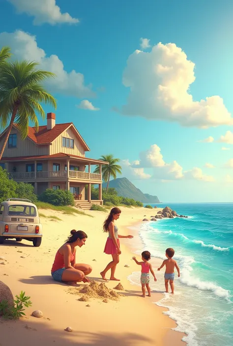 Creating a Family on the Beach, near the sea, A radiant sun, a big house, 1 car,  the blue sea