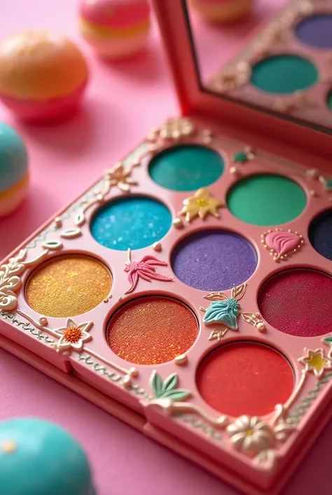 TRADITIONAL COLORFUL EYESHADOW PALETTE WITH RED PURPLE GREEN BLUE AND ORANGE COLORS, WITH THEMATIC SWEET PACKAGING

