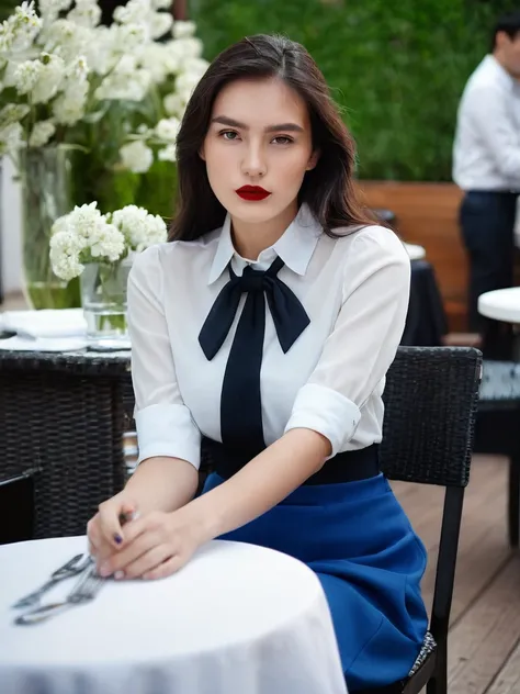 The image shows a stunning beautiful young woman sitting on a black chair in an outdoor cafe or restaurant. She is wearing a white collared transparent shirt and a blue skirt. She has long dark brown hair and is looking directly at the camera with a seriou...