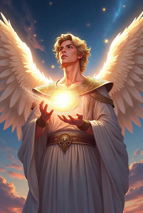 Arcanjo Miguel, , holding a galaxy in your hand, in anime 