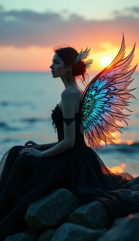 (masterpiece, best quality, Realistically, Work, Very detailed, 8k),1 beautiful girl, Mysterious Opera Singer, Solitary, Peacock wings, Holographic Fallen Angel, Absurdist Aesthetics, Beautiful singing echoes, Sitting on the rocks by the sea and gazing int...