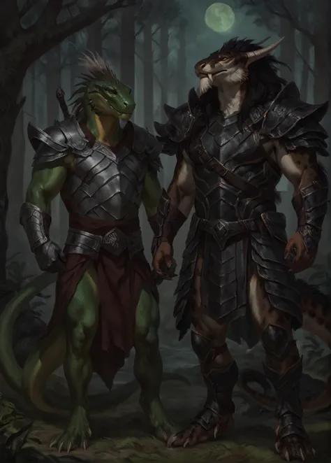 dark green lizardfolk, warrior, plantigrade, by oouna, by laobai, by taran fiddler, by honovy, armor, druid fighter, warlock, detailed tail, masculine body shape, roman, tall, muscular, forest background, night