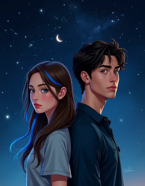 Young adult book cover. Realistic illustration style. One image is of a girl with brown hair and a blue streak. One image is of a handsome young man with dark hair. With a starry night sky background.
