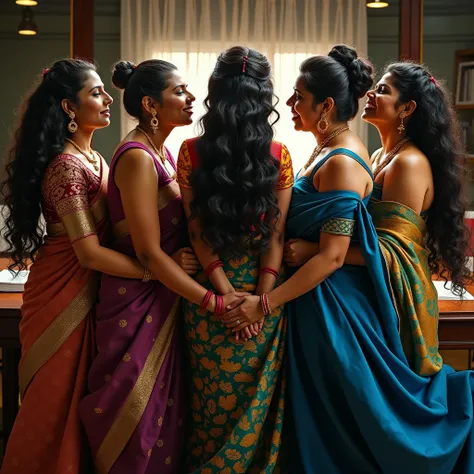 indian-inspired bright lit office,4 extra plus size women,eldery in sarees in sapphire gowns,engage wild passionate embrace.The eldery womens hair,intricate slick back hair lines gleaming black,Their hair,slicked with a rich,oily pulp,shines,intertwines ro...