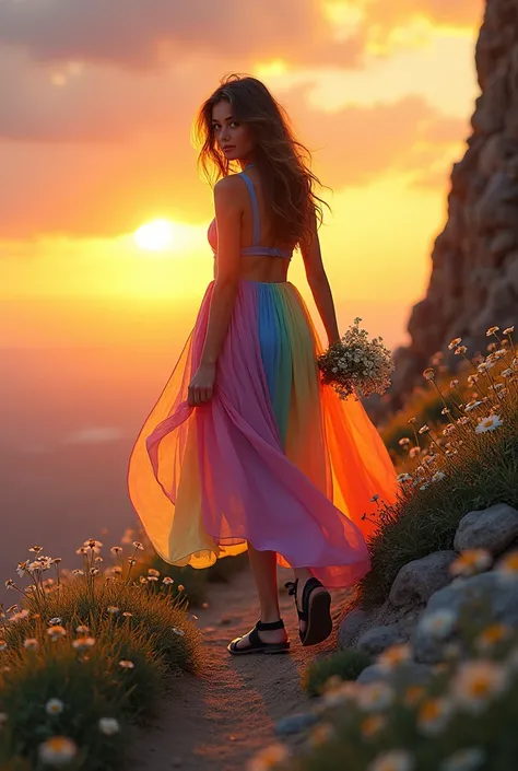 high quality, one wears a rainbow dress, black sandals carrying daisy flowers, see the camera direction walking rocky hill, sunset