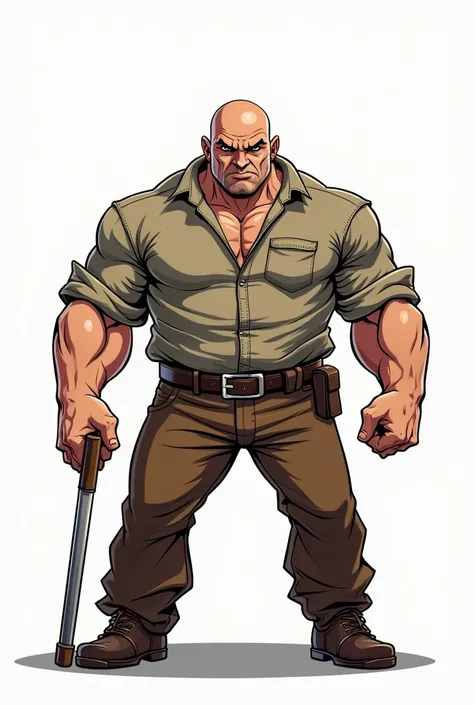 ((comic art)), (cartoon style) a 5, really strong man with no hair on his head, brown pants, an older shirt, a belt, and a little (1meter) metal stick in his hand. He is looking angry. The image has a white background 