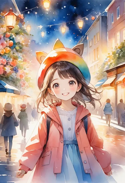 City lights, girl in acorn hat happy to see illuminations, smiling girl, beautiful night, transparent watercolor, watercolor painting