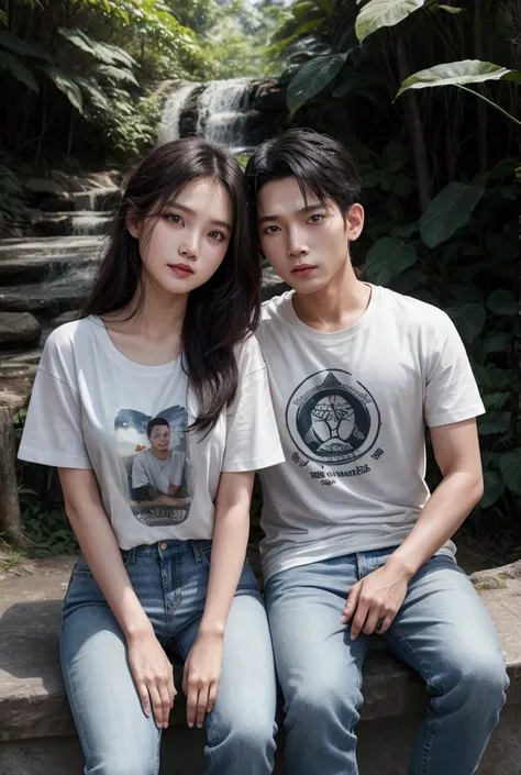 Thai couple+T-shirt and jeans+stand+Look at the camera.+In the middle of nature+beautiful+Premium photos+Clear details+beautiful face+Most realistic