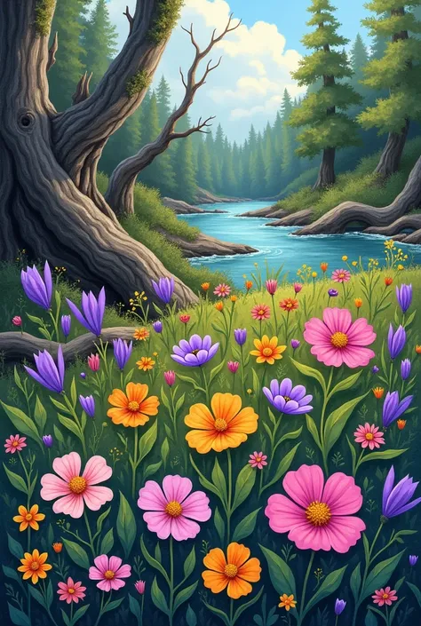 While you were walking by a river, suddenly you saw a very beautiful flower. You are fascinated to see wild flowers growing between dead trees. The flowers have an interesting range of colors and shapes. Describe the situation from a close-up with an empha...