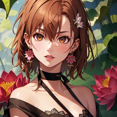 Lotus flower, Misaka Mikoto, One girl, jewelry, Earrings, Earrings, Black choker, uhd, retina, masterpiece, ccurate, anatomically correct, textured skin, super detail, high details, high quality, best quality, highres, 4K