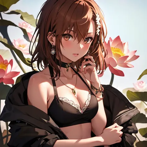 Lotus flower, Misaka Mikoto, Cowboy Shot, One girl, jewelry, Earrings, Earrings, Black choker, uhd, retina, masterpiece, ccurate, anatomically correct, textured skin, super detail, high details, high quality, best quality, highres, 4K