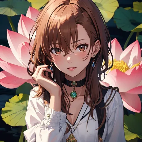 Lotus flower, Misaka Mikoto, Cowboy Shot, One girl, jewelry, Earrings, Earrings, Black choker, uhd, retina, masterpiece, ccurate, anatomically correct, textured skin, super detail, high details, high quality, best quality, highres, 4K