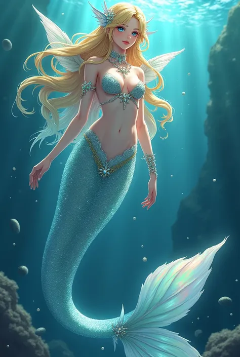 a mermaid. My height is around 3m. Slender, hourglass figure body. Have light yellow shinning, wavy hair. Sparkling light blue eyes, thick eyelashes. Extremely attractive, ethereal features, like work of arts. My ears are long fins. Sharp nails. A huge and...