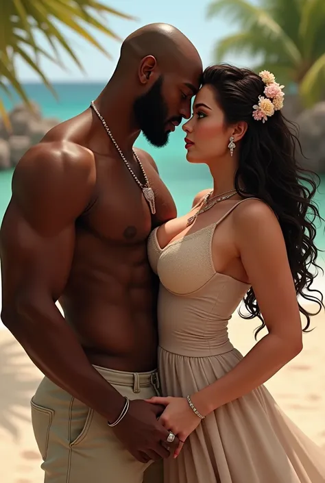 Take a man and a woman together on their honeymoon, The man is black, kind of fat, and with a shaved head, the woman is white, too fat, has big breasts and has green eyes