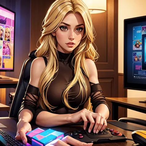 The character is a girl with long blonde hair, brown eyes and she is busy gaming. 