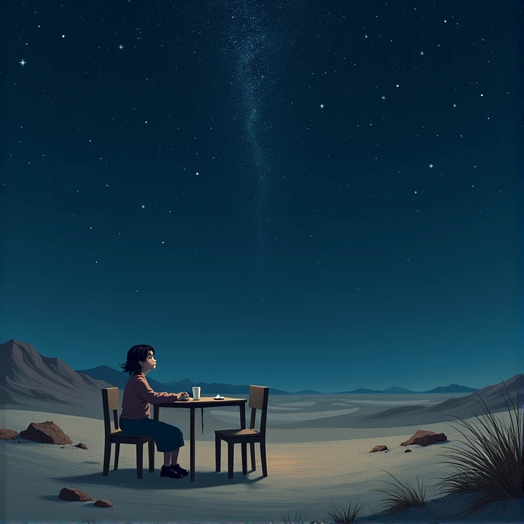 a girl sitting alone at a table for two, in the desert, at night and with the stars in the sky 