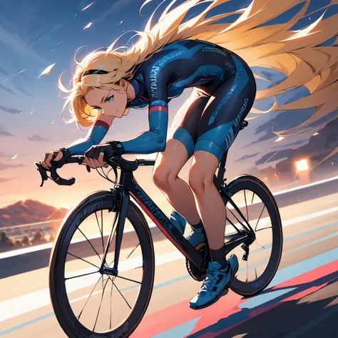 (highest quallity:1.2, very detailled, updated, Vibrant, ultra-high resolution, hight contrast, work of art:1.2, highest quallity, better aesthetics), (((1 person))), blonde girl, blue colored eyes, Woman riding a bicycle at high speed, Keirin racer, Profe...