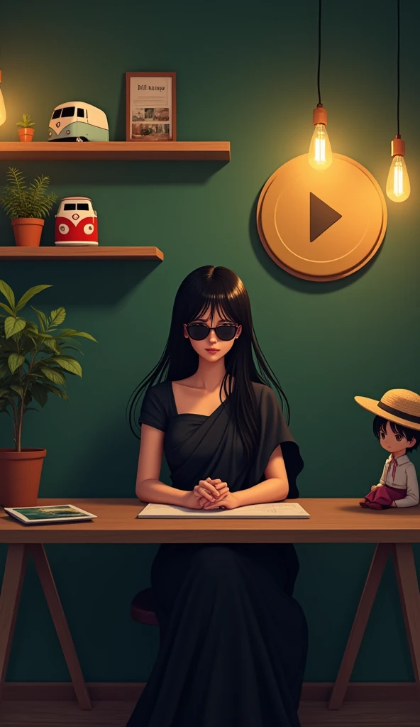 Create an image of a young women anime character sitting at a modern desk, wearing a dark saree. The character has long black hair and is wearing dark sunglasses. The background is a dark green wall with floating wooden shelves holding a variety of items: ...