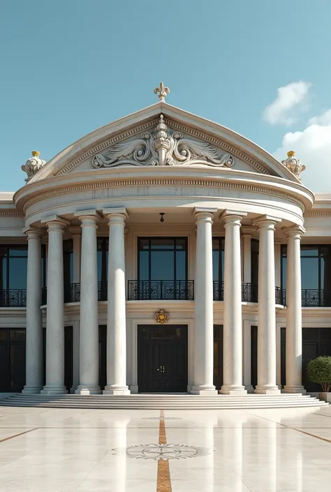 From this image, generate the exterior of an airport with tall columns in a circular shape., high architrave, frieze and pediment decorated with elements reminiscent of aviation, using marble as material with boarding and unboarding area 