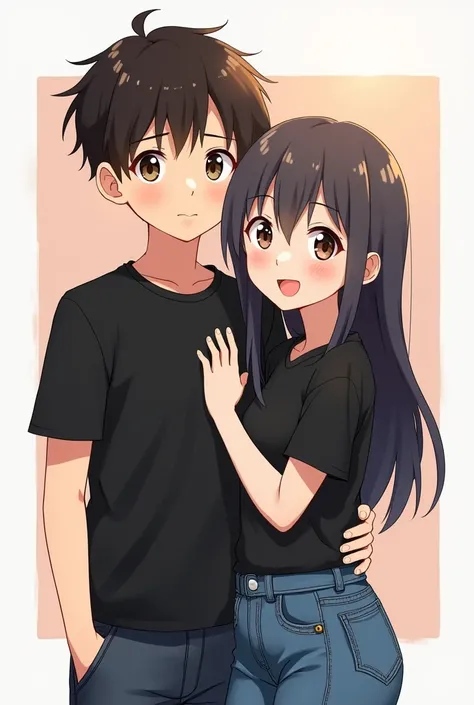 In anime frame a boy is 1 inch taller than girl and they wear black shirt tshirt Jeans and joggers boy has taken his hand on girls shoulder and they have taken selfie 