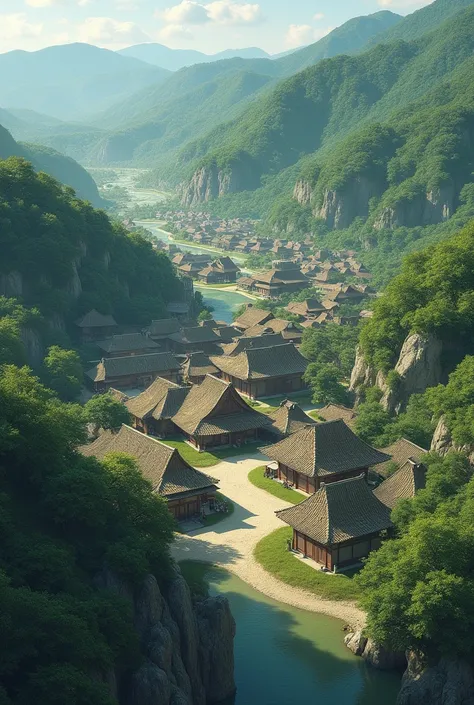 an aerial view of a feudal japanese village at hills (random biomes)