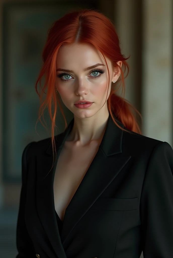 Red hair girl with black coat and wearing a suit, ponytail and blue eyes like a mafia woman
She has round face and is beautiful
Her hair is red like blood