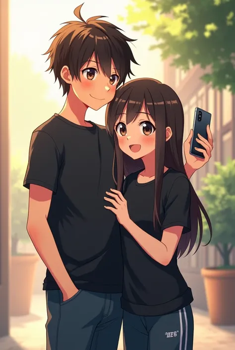 In anime frame a boy is 1 inch taller than girl and they wear black shirt tshirt Jeans and joggers boy has taken his hand on girls shoulder and they have taken selfie  they are in school 