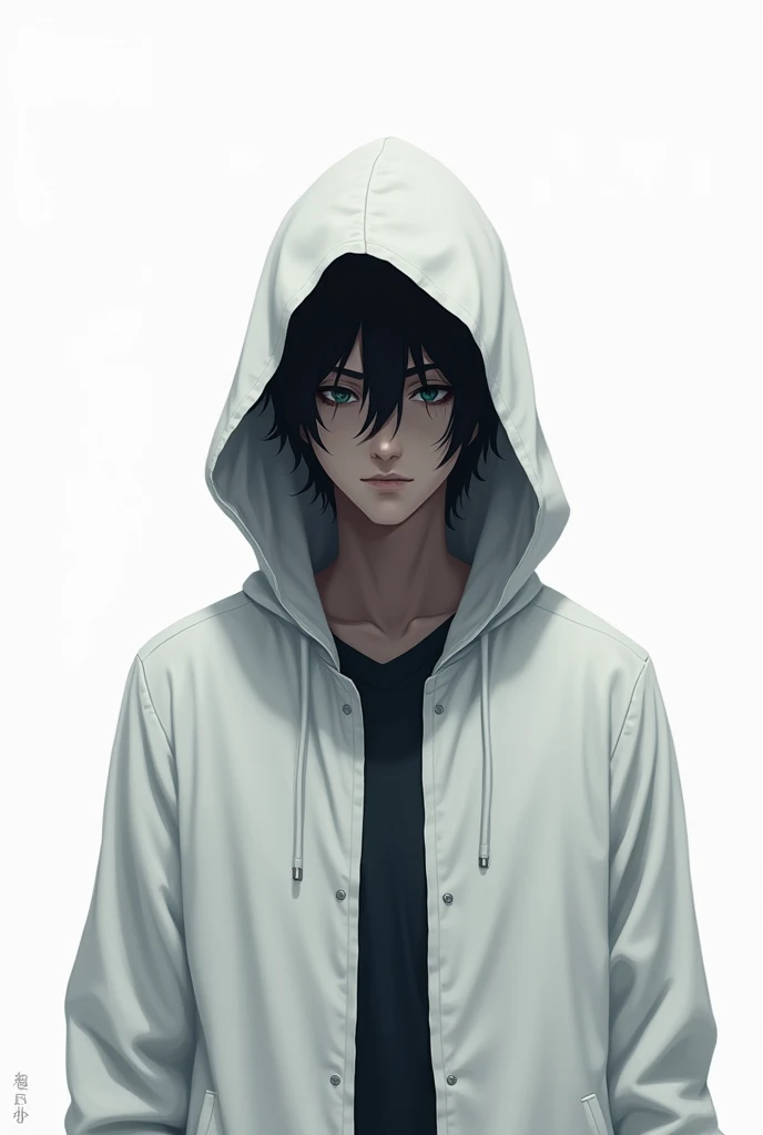 Animated mysterious man in a white jacket hoodie with facing front in a white background 
