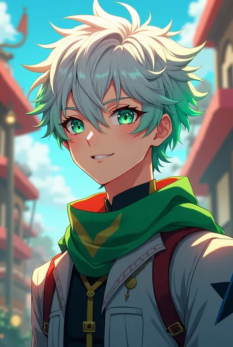 Male anime character with white hair but white hair and RGB with many colors green eyes and a smile