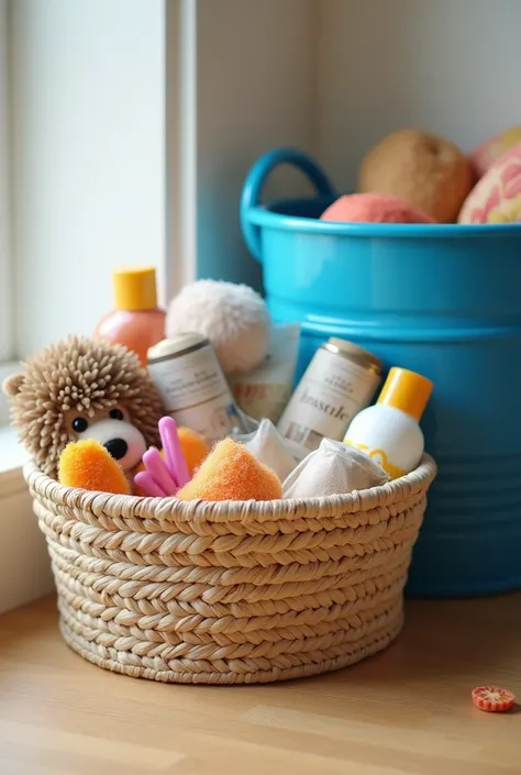 A pet basket that has shampoo, gummies and pet food and a bluer basket that is much bigger 