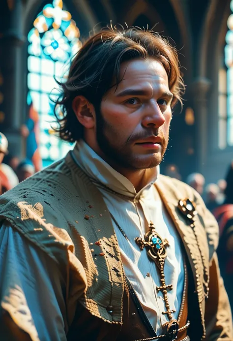 a dwarf man in a priest outfit standing in a church, detailed face, medieval, fantasy