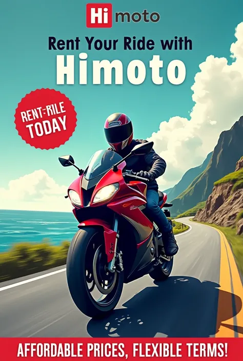 Create a vibrant and eye-catching poster advertisement for Himoto, a motorcycle rental company. The poster should feature a sleek motorcycle in motion against a scenic backdrop, such as a coastal road or a mountainous path, to evoke a sense of adventure an...