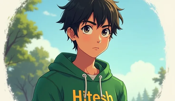 Generate a photo of the man who name is Hitesh . his name written on his Green hoodie. And he is2. He looks like anime.