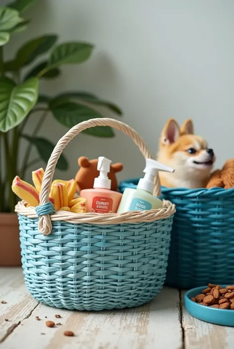 A pet basket that has shampoo, gummies and pet food and a bluer basket, a much bigger one, but the blue basket 