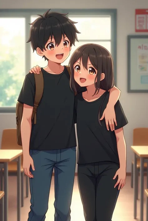 In anime frame a boy is 1 inch taller than girl and they wear black shirt tshirt Jeans and joggers boy has taken his hand on girls shoulder and they have taken selfie  they are in school and they are looking at camera they are just good friend 