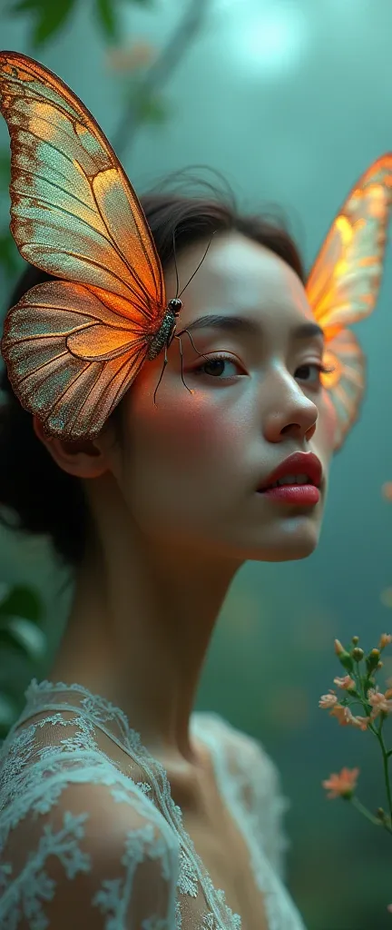 Merge the face of a beautiful woman with that of a butterfly. Complete plan 